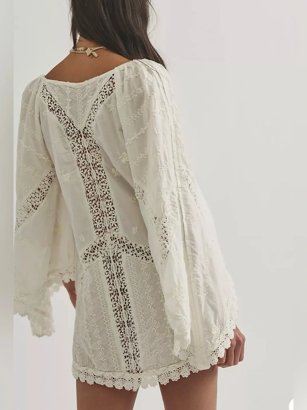 Free People Wildflower Muse Mini Dress IvoryEgret Embroidered/Crochet Cotton NWT